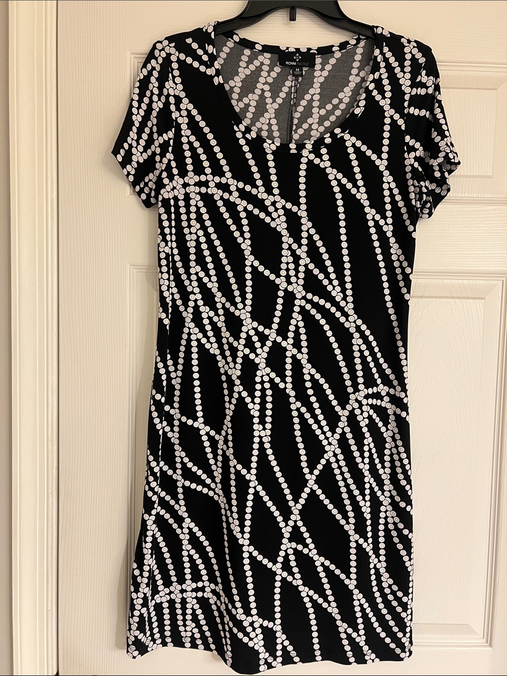 Ronni Nicole Black Midi Dress with White Dot Swirl Pattern
